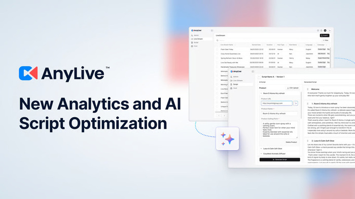 AnyMind Group menambahkan analitik live commerce dan kemampuan optimisasi skrip AI ke AnyLive AnyMind Group menambahkan analitik live commerce dan kemampuan optimisasi skrip AI ke AnyLive